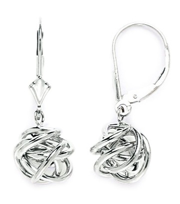 14k White Gold Large Knot Drop Leverback Earrings - Measures 28x10mm