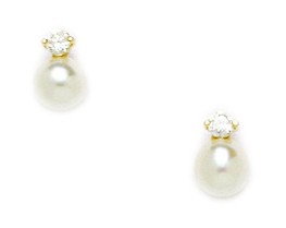 14KT Yellow Gold White 4x4mm Genuine Pearl and Cubic Zirconia Fancy Screwback Earrings - Measures 7x4mm