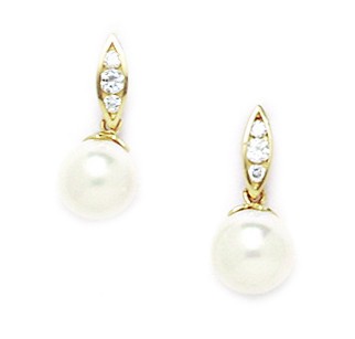 14KT Yellow Gold White 6x6mm Genuine Pearl and Cubic Zirconia Fancy Drop Screwback Earrings - Measures 15x6mm