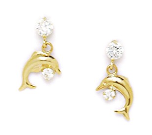 14KT Yellow Gold Cubic Zirconia Dolphin Drop Screwback Earrings - Measures 13x8mm