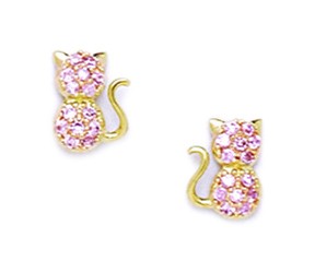 14KT Yellow Gold Pink Cubic Zirconia Cat Screwback Earrings - Measures 8x6mm
