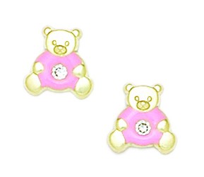 14k Yellow Gold Enamel Screwback Pink Teddy Bear Earrings - Measures 9x9mm