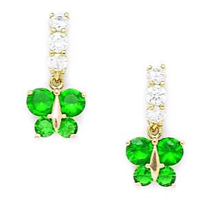 14KT Yellow Gold May Birthstone Emerald Cubic Zirconia Butterfly Drop Screwback Earrings - Measures 15x8mm