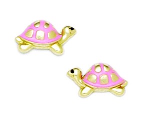 14k Yellow Gold Enamel Screwback Pink Turtle Earrings - Measures 6x10mm