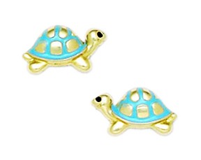 14k Yellow Gold Enamel Screwback Blue Turtle Earrings - Measures 6x10mm
