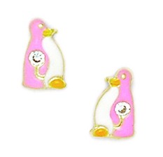 14k Yellow Gold Enamel Screwback Pink Penguin Earrings - Measures 9x6mm