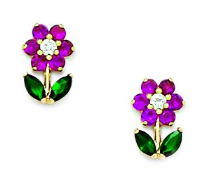 14KT Yellow Gold Red and Green Cubic Zirconia Flower With Leaves Screwback Earrings - Measures 10x6mm