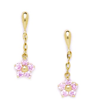 14KT Yellow Gold Pink Cubic Zirconia Large Flower Shaped Drop Screwback Earrings - Measures 20x6mm
