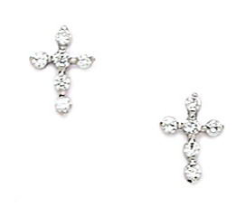 14KT White Gold Cubic Zirconia Small Cross Screwback Earrings - Measures 9x7mm