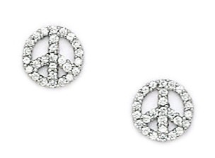 14KT White Gold Cubic Zirconia Medium Peace Sign Screwback Earrings - Measures 8x8mm