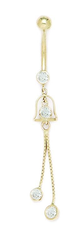 14k Yellow Gold CZ 14 Gauge Dangling 2 Chain Body Jewelry Belly Ring - Measures 56x8mm