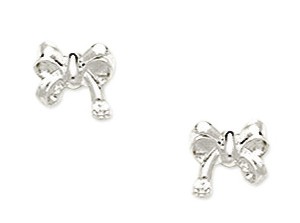 14KT White Gold Cubic Zirconia Small Bow Shaped Screwback Earrings - Measures 7x7mm