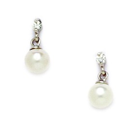 14KT White Gold White 4x4mm Genuine Pearl and Cubic Zirconia Fancy Drop Screwback Earrings - Measures 10x4mm