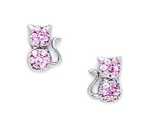 14KT White Gold Pink Cubic Zirconia Cat Screwback Earrings - Measures 8x6mm