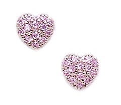 14KT White Gold Pink Cubic Zirconia Heart Screwback Earrings - Measures 7x7mm