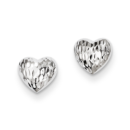 14k White Gold Diamond-Cut Heart Earrings - Measures 7x7mm