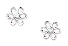 14KT White Gold Cubic Zirconia Small Flower Screwback Earrings - Measures 7x8mm