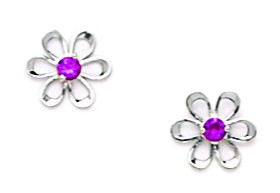 14KT White Gold Red Cubic Zirconia Small Flower Screwback Earrings - Measures 7x8mm