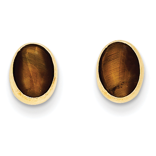 14k Bezel Set Oval Tigers Eye Post Earrings - Measures 8x6mm