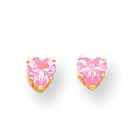 14KT 4mm Pink Cubic Zirconia Heart Childrens Earrings - Measures 5x4mm