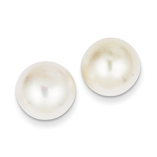 14KT 11-12mm White Button Cultured Pearl Stud Earrings - Measures 11x11mm