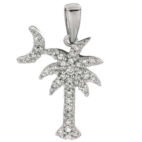 Sterling Silver Rhodium Plated CZ Palm Tree Charm With Moon
