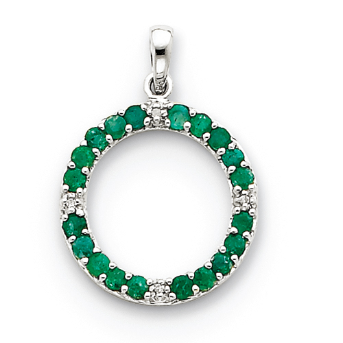 14k White Gold Emerald and Rough Diamond Circle Pendant