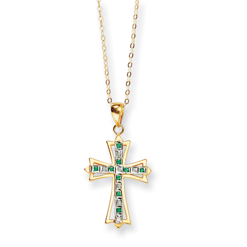 Sterling Silver and Gold-plated Diamond and Emerald 18inch Cross Necklace.