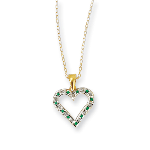 Sterling Silver and Gold-plated Dia. and Emerald 18inch Heart Necklace