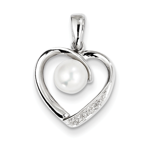 Sterling Silver 6mm FW Cultured Pearl and Rough Diamond Heart Pendant