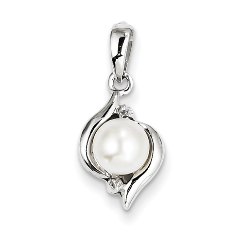 Sterling Silver Rhodium 6mm FW Cultured Pearl and Rough Diamond Pendant