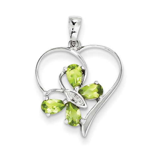 Sterling Silver Rhodium Peridot and Rough Diamond Butterfly Heart Pendant