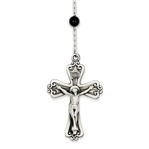 Sterling Silver Rosary Black Onyx Beads Necklace - 26 Inch
