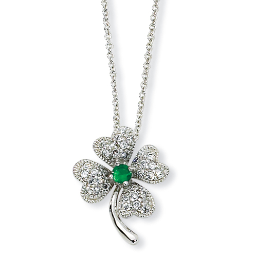 Sterling Silver Simulated Emerald CZ 4-leaf Clover Necklace - 18 Inch