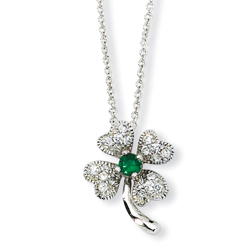 Sterling Silver Childs Sim.Emerald CZ 4-leaf Clover Necklace - 15 Inch