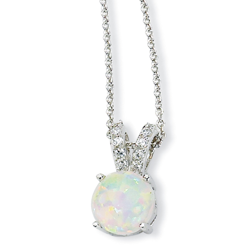 Sterling Silver Created Opal Cabochon and CZ Necklace - 18 Inch - JewelryWeb