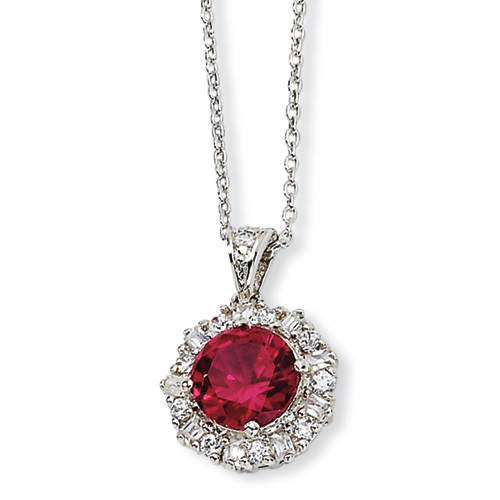 Sterling Silver Synthetic Ruby and CZ Necklace - 18 Inch