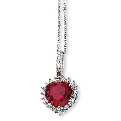 Sterling Silver Heart 100-facet Synthetic Ruby CZ Necklace - 18 Inch