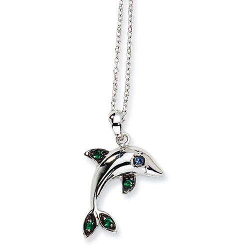 Sterling Silver CZ Dolphin Necklace - 18 Inch