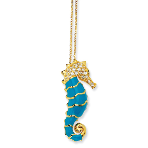 Gold-plated Sterling Silver Enameled CZ Seahorse Necklace - 18 Inch
