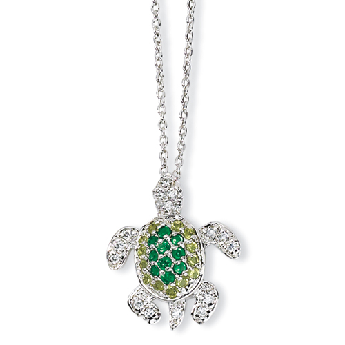 Sterling Silver Sim. Peridot Sim. Emerald CZ Turtle Necklace - 18 Inch