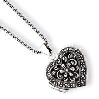 Sterling Silver Marcasite Heart Locket With Chain - 18 Inch - Spring Ring