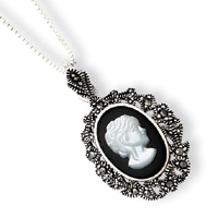 Sterling Silver Marcasite Onyx MOP Cameo Necklace - 18 Inch - Spring Ring
