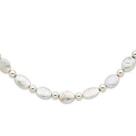 Sterling Silver Oval Cultured Pearl Bead Necklace - 16 Inch - Pearl Clasp