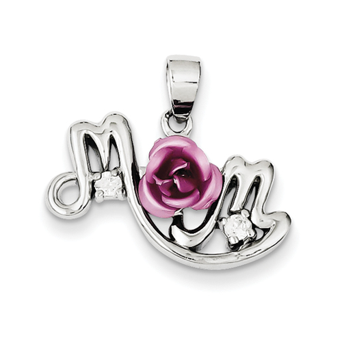 Sterling Silver Pink Flower and CZ Mom Pendant