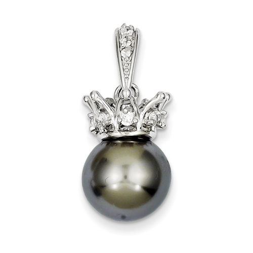Sterling Silver Grey Syn. Pearl and CZ Crown Pendant