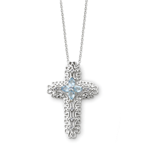 Sterling Silver March CZ Birthstone Cross Necklace - 18 Inch