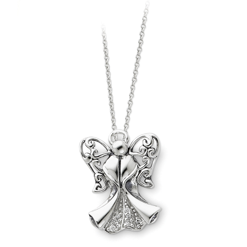 Sterling Silver Antiqued CZ Angel Necklace - 18 Inch