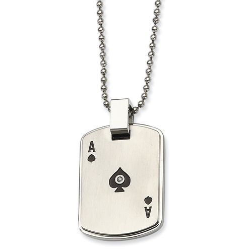 Stainless Steel Black Enamel Ace of Spades With CZ Dog Tag Pendant Necklace - 24 Inch