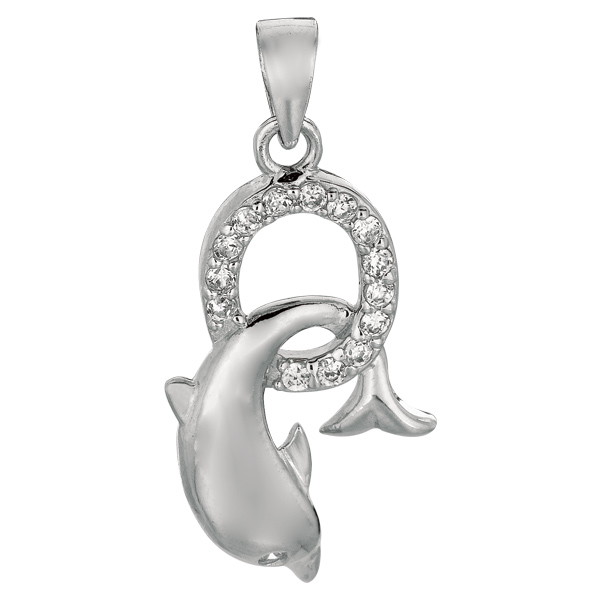 Sterling Silver Rhodium Plated Dolphin Pendant With CZ